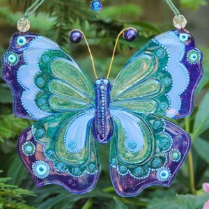 Butterfly Fused Glass Painted Suncatcher Colorful Art Wall Hanging Panel Gift