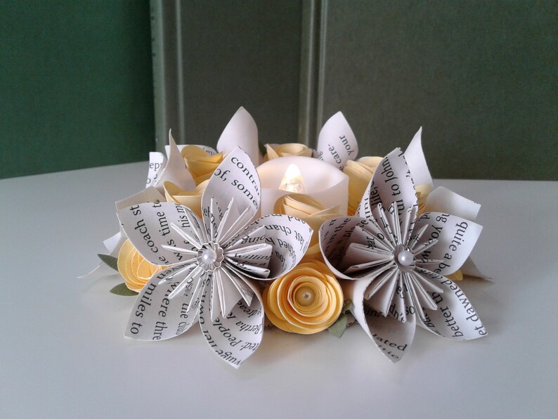Candle Ring Origami Flowers Tea Light Candles Book Page Flowers Candles Librarian Gift Book Bouquet Book Theme Gift Teacher Gift