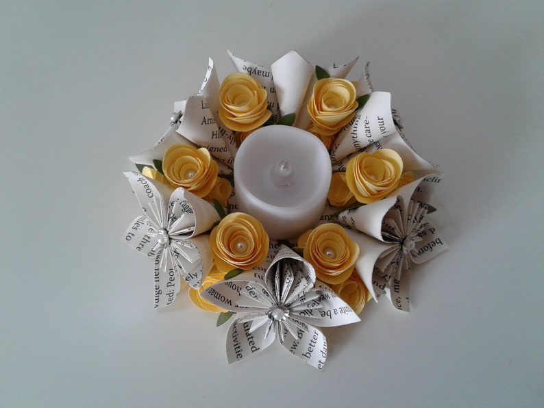 Candle Ring Origami Flowers Tea Light Candles Book Page Flowers Candles Librarian Gift Book Bouquet Book Theme Gift Teacher Gift