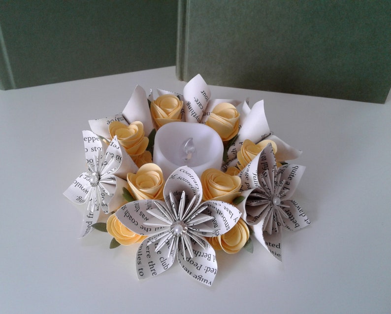 Candle Ring Origami Flowers Tea Light Candles Book Page Flowers Candles Librarian Gift Book Bouquet Book Theme Gift Teacher Gift