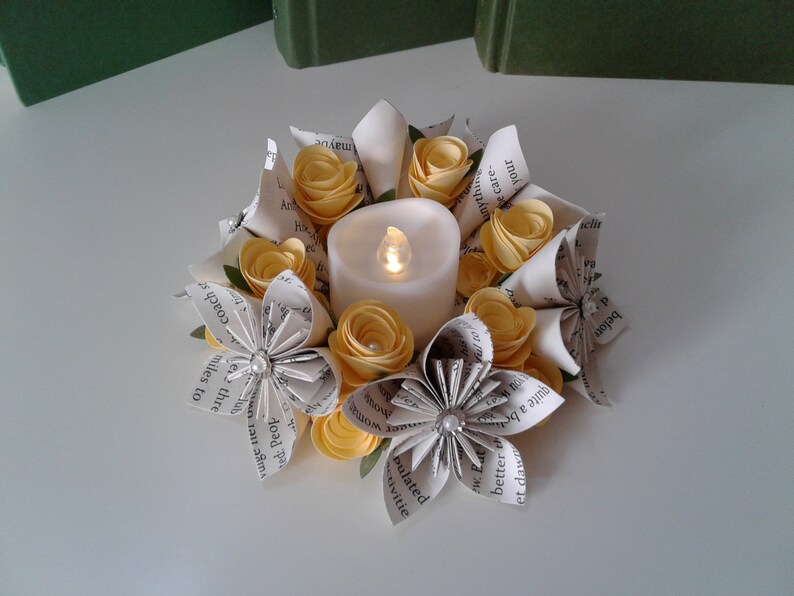 Candle Ring Origami Flowers Tea Light Candles Book Page Flowers Candles Librarian Gift Book Bouquet Book Theme Gift Teacher Gift