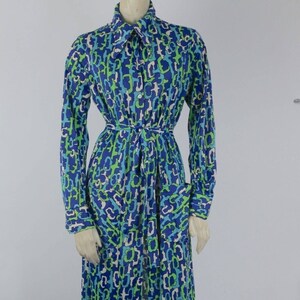 Vintage Blue Green Abstract Psychedelic Print Long Sleeve Shirt Maxi Dress S