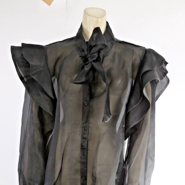 Vintage LILIAN Black Sheer Long Sleeve Ruffle Bow Button Down Blouse Size 3X