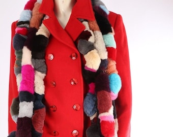 Vintage Tagliente Red Double Breasted Pea Coat with Multicolor Fur Scarf Size 42