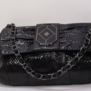 Vintage RAFE Black Snake Print Patent Leather Flap Chain Shoulder Bag