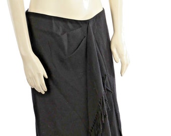 Vintage Ralph Lauren Black Wool Ruched Fringe Long Skirt