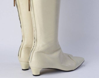 Vintage LOUIS VUITTON Off White Leather Knee High Boots Size 34.5