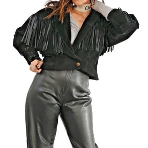 Vintage Winlit Western Cowgirl Fringe Black Suede Leather Southwest Jacket Sz L