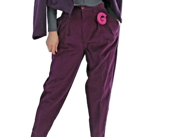 Vintage Purple Tapered Cord Corduroy High Waist Trousers Size 10