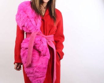 Vintage Red Wool Collared Pink Rabbit Fur Scarf Attached Midi Pea Coat Size M