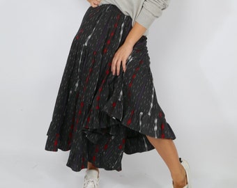 Vintage ARIA Black Multicolor Elastic Waist Ruffle Full Long Maxi Skirt OS