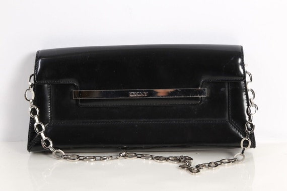 Vintage DKNY Black Leather Chain Clutch Handbag - image 8