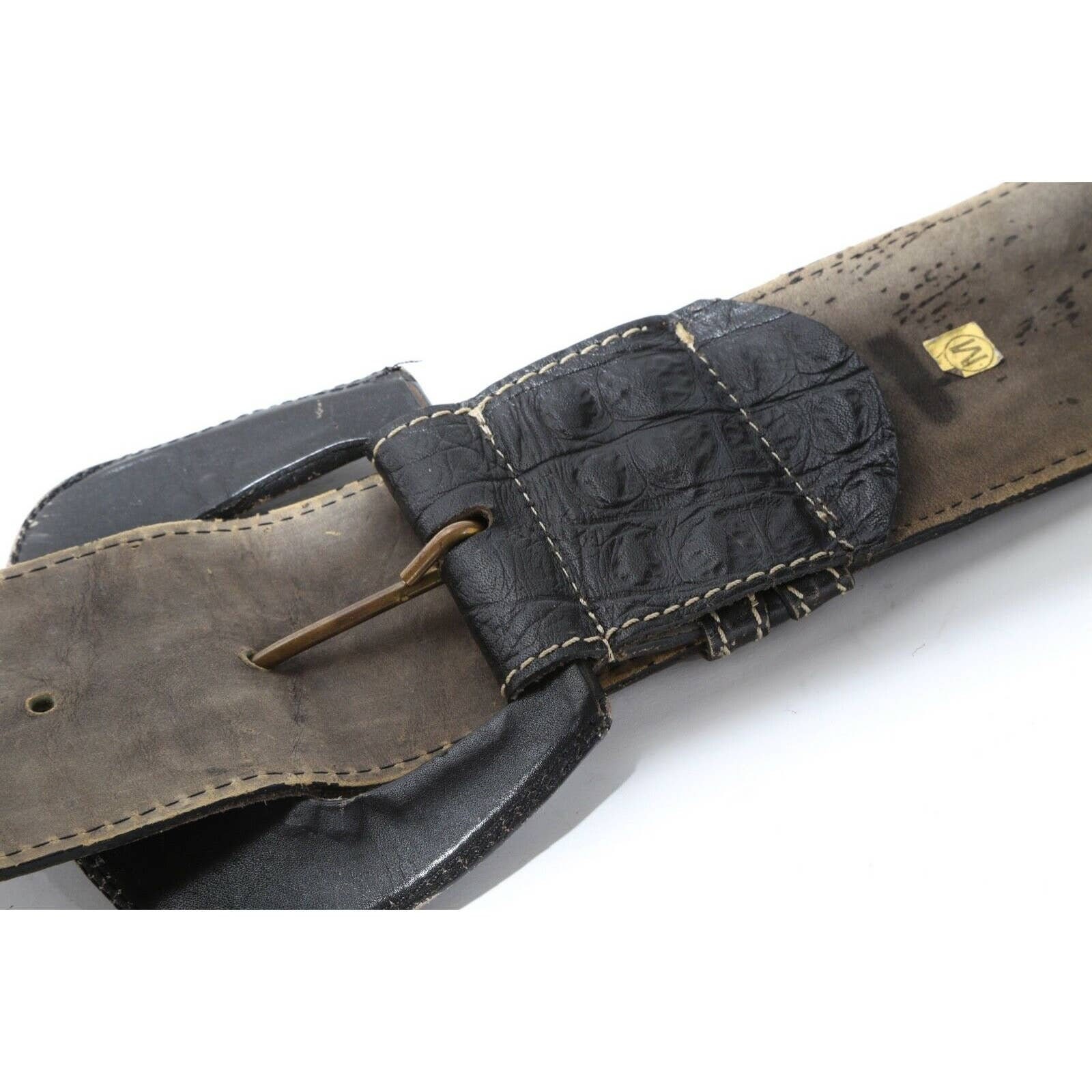 Vintage Black Croco Embossed Leather Oversized Buckle Belt  display picture 1