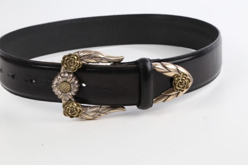 Vintage Brighton Black Leather Western Belt Silver-Gold Buckle Classic Size S zdjęcie 12