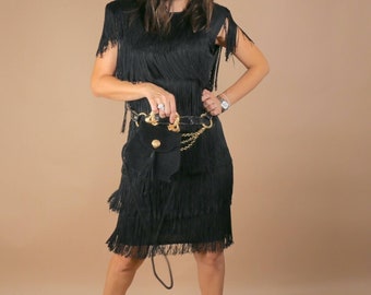 Vintage Glenrob Black Long Fringe Sleeveless Flapper Dress Size S