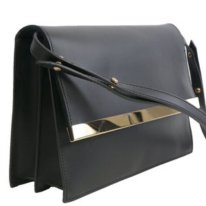 Vintage ALESSANDRO MARI Black Leather Gold Flap Shoulder Bag