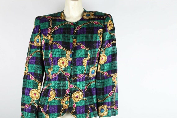 Vintage Green Multicolor Plaid Silk Blouse Blazer… - image 3