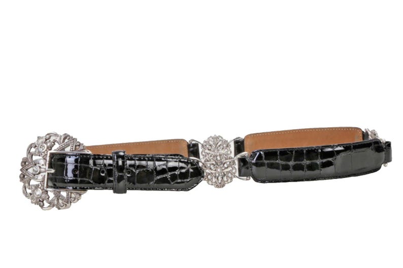Cinturón vintage Brighton de piel negra con relieve de cocodrilo y hebilla de cristal plateado, talla 38. imagen 8