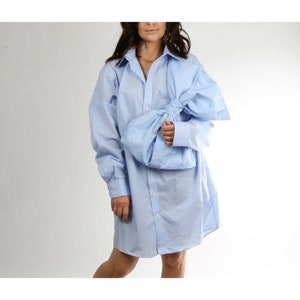Ajlena Nanic Blue Cotton Oversized Bow Button Down Long Sleeve Shirt Dress OS image 1