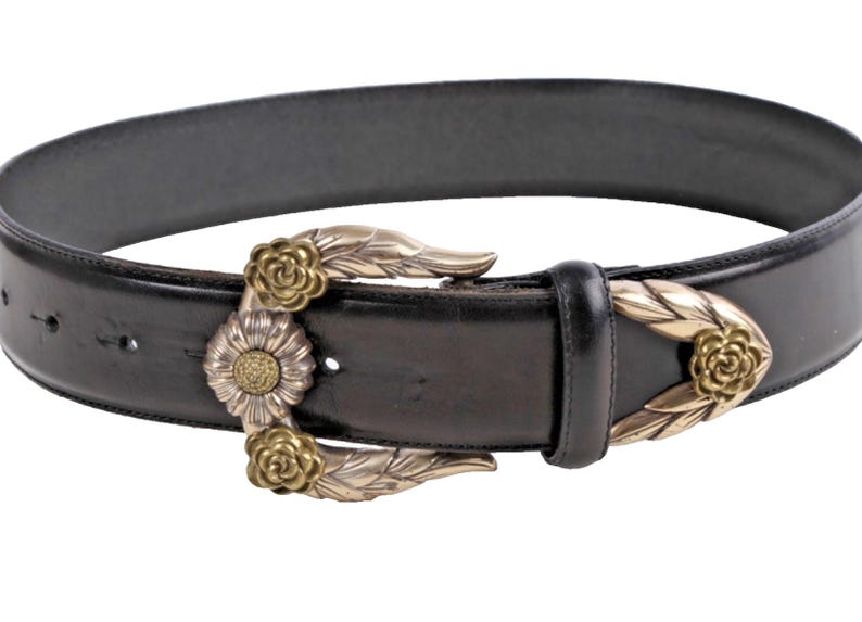 Vintage Brighton Black Leather Western Belt Silver-Gold Buckle Classic Size S zdjęcie 2