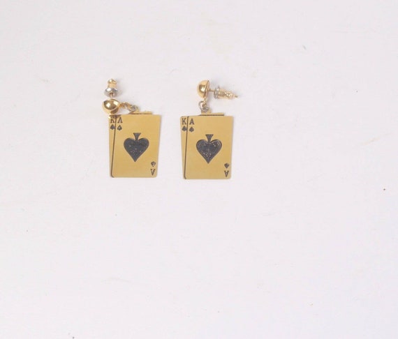 Vintage Gold Ace Card Drop Stud Earrings - image 7