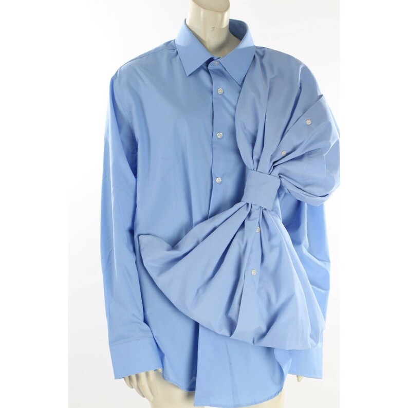 Ajlena Nanic Blue Cotton Oversized Bow Button Down Long Sleeve Shirt Dress OS image 2