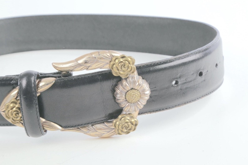 Vintage Brighton Black Leather Western Belt Silver-Gold Buckle Classic Size S zdjęcie 5