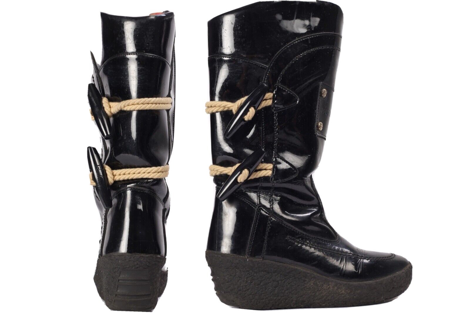Vintage Burberry Black Patent Leather Toggle Wedge Mid High Snow Boots Size 36