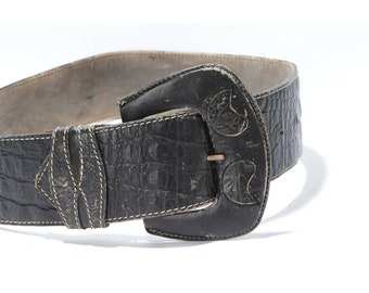 Vintage Black Croco Embossed Leather Oversized Buckle Belt  display picture 1
