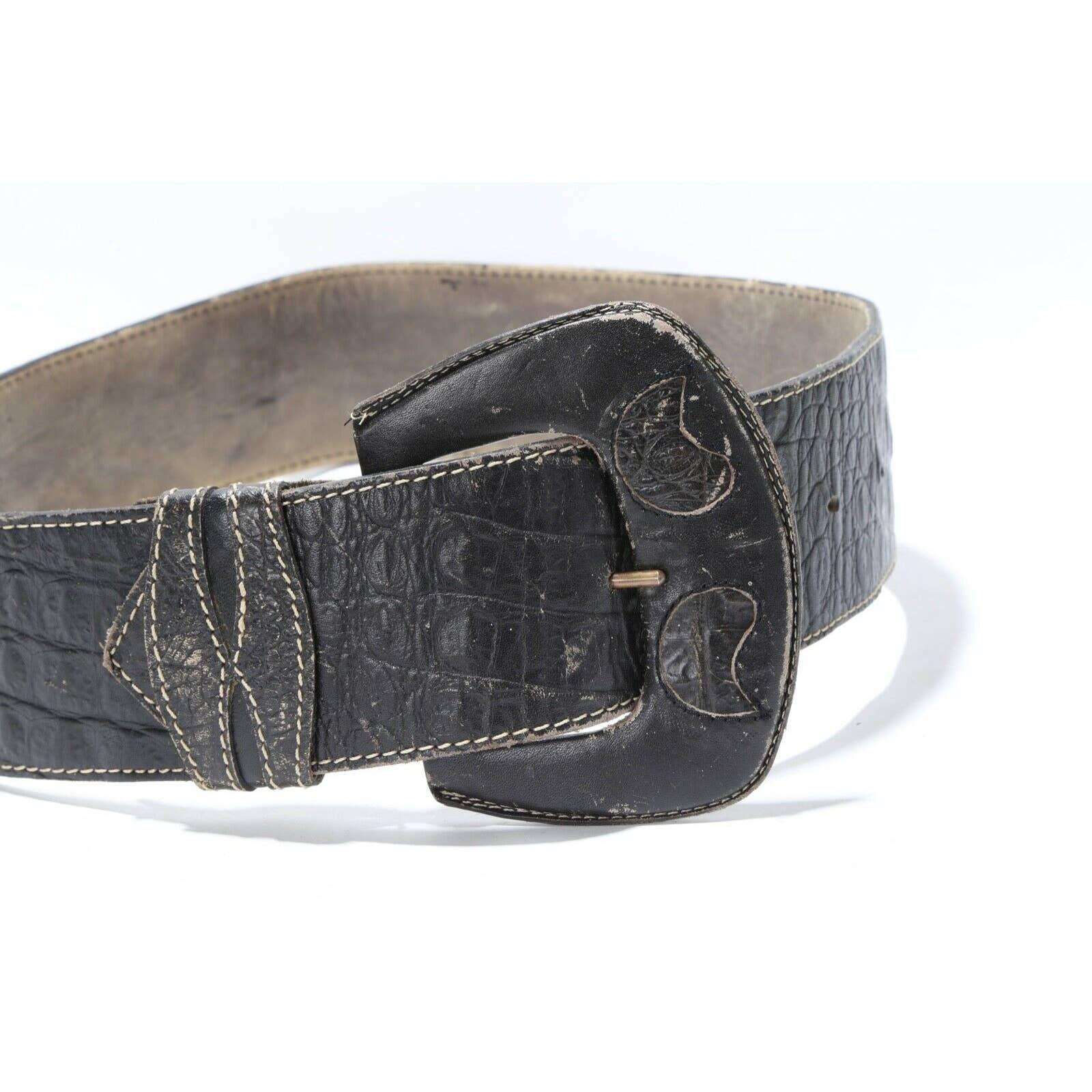 Vintage Black Croco Embossed Leather Oversized Buckle Belt  display picture 2