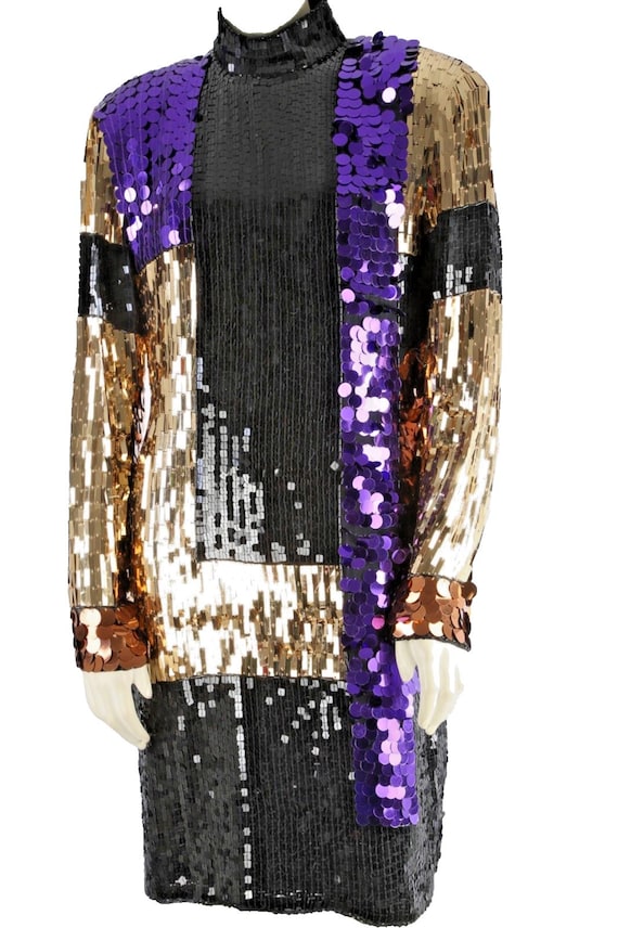 Vintage Cedars Silk Gold Purple Black Sequin Party Dress Long Sleeve Glam Sz 10