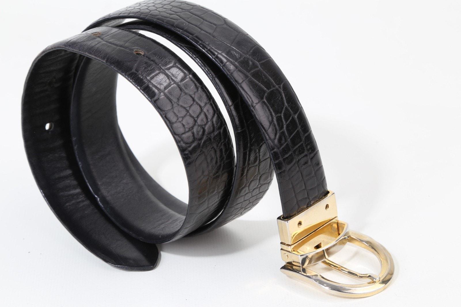 Made in Italy Nordstrom Black Croc-Embossed Wide Leather Belt with Gold Buckle.L Black Leather Wide Belt Leather Croc Embossed Buckle Made in  main image 3