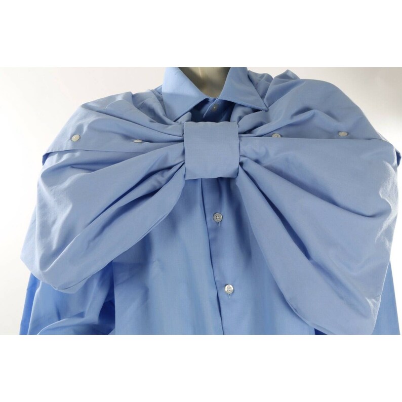 Ajlena Nanic Blue Cotton Oversized Bow Button Down Long Sleeve Shirt Dress OS image 9