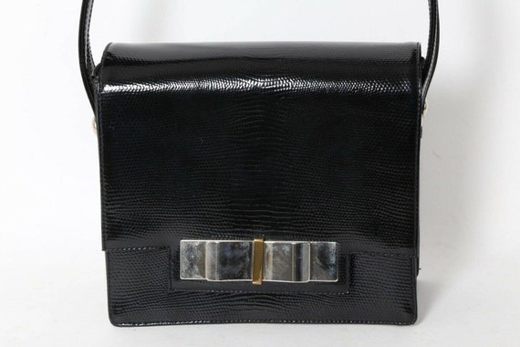 Vintage Black Snake Embossed Leather Bow Flap Han… - image 3