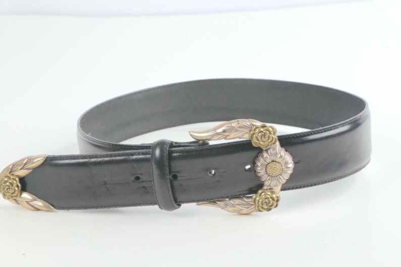 Vintage Brighton Black Leather Western Belt Silver-Gold Buckle Classic Size S zdjęcie 3