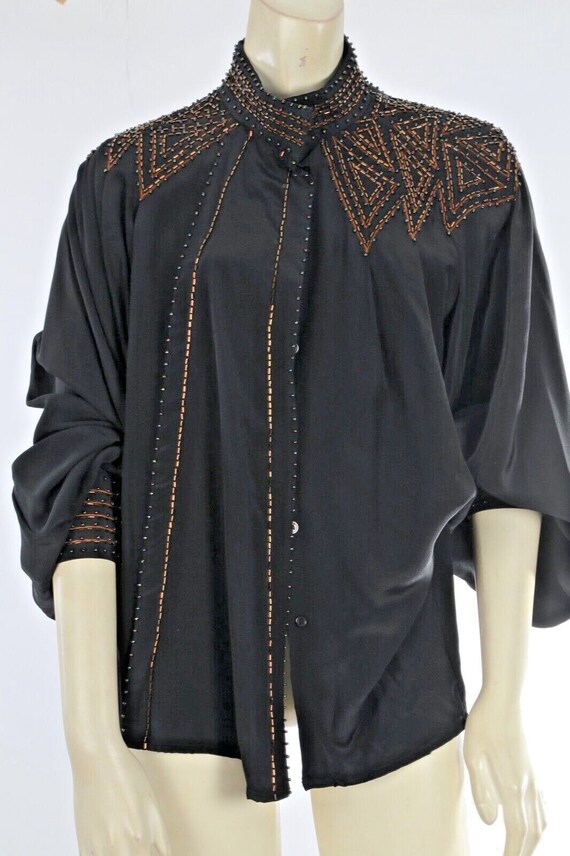 Vintage Black Silk Mock Neck Beaded Long Sleeve Pu