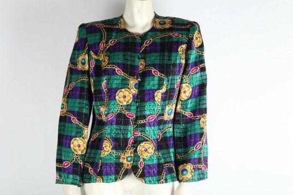 Vintage Green Multicolor Plaid Silk Blouse Blazer… - image 2