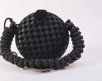 Vintage Black Woven Satin Fabric Round Handbag Purse