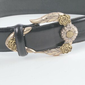 Vintage Brighton Black Leather Western Belt Silver-Gold Buckle Classic Size S zdjęcie 4
