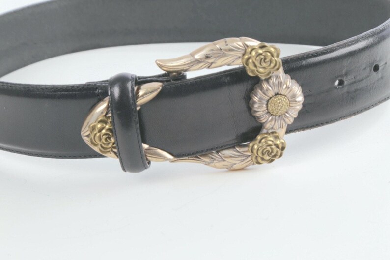Vintage Brighton Black Leather Western Belt Silver-Gold Buckle Classic Size S zdjęcie 4