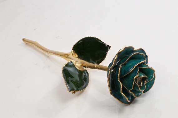 Vintage 24K Gold Dipped Green Rose Flower Brooch - image 6