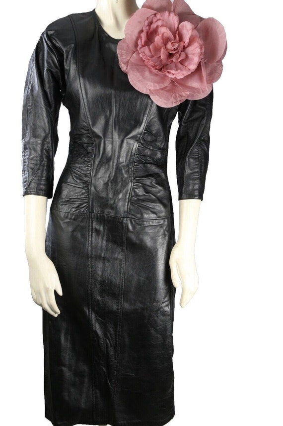 chinese dress ladies Women's Something to Behold Black Faux Leather Short Sleeve Belted Midi Dress | Size: S