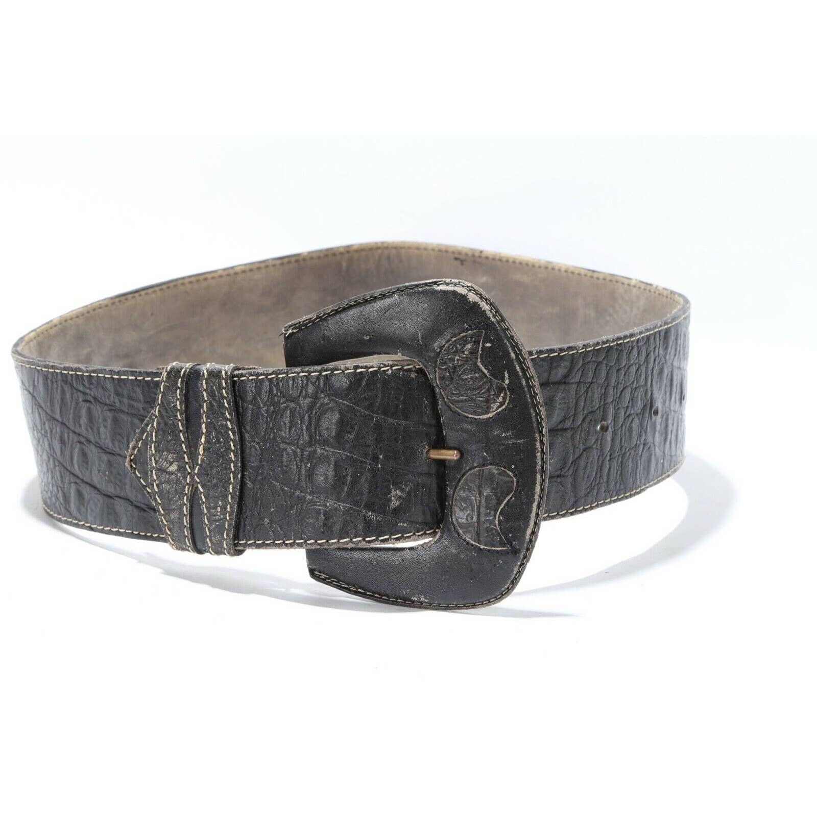 Vintage Black Croco Embossed Leather Oversized Buckle Belt 