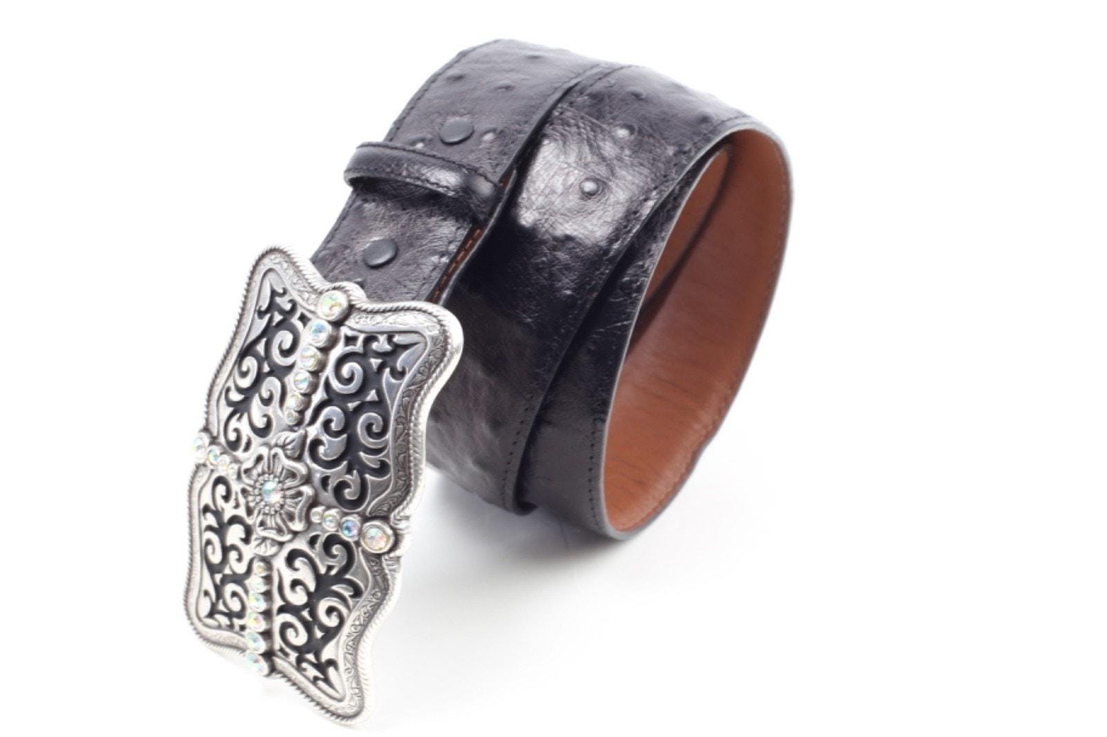 Vintage Black Leather Western Belt Ornate Silver Tone Buckle 