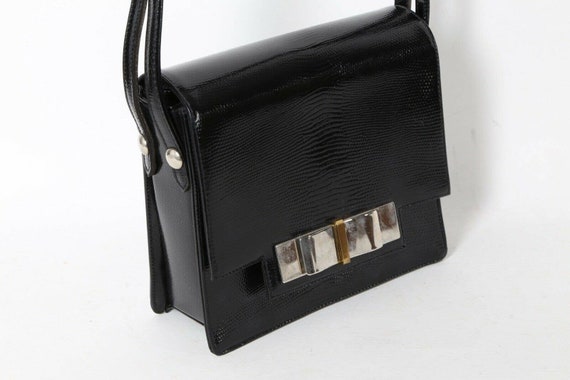 Vintage Black Snake Embossed Leather Bow Flap Han… - image 4