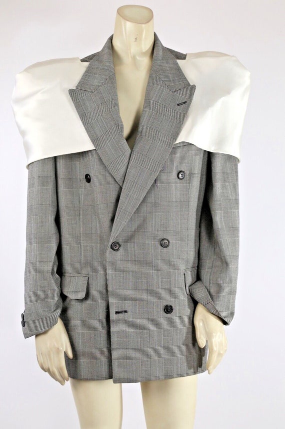 Vintage Gray Plaid Oversized Bow Detailed Blazer S