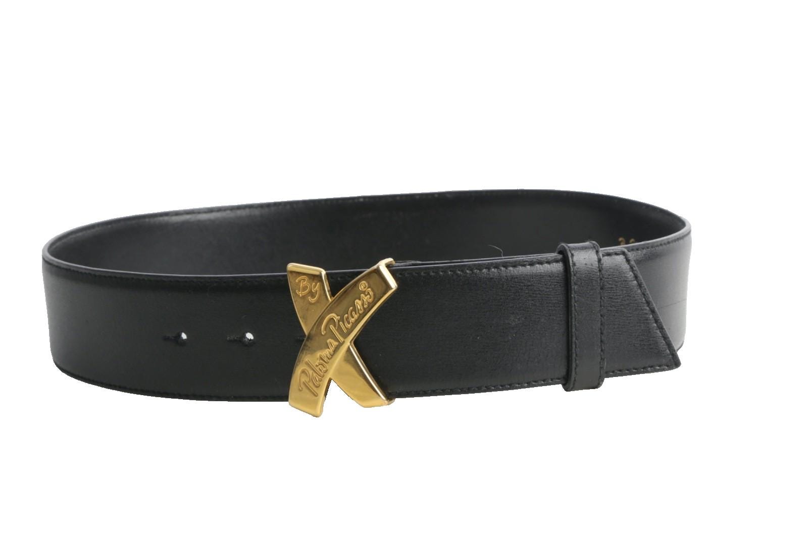 Vintage 80S Paloma Picasso Black Leather Gold Belt Brass  display picture 1