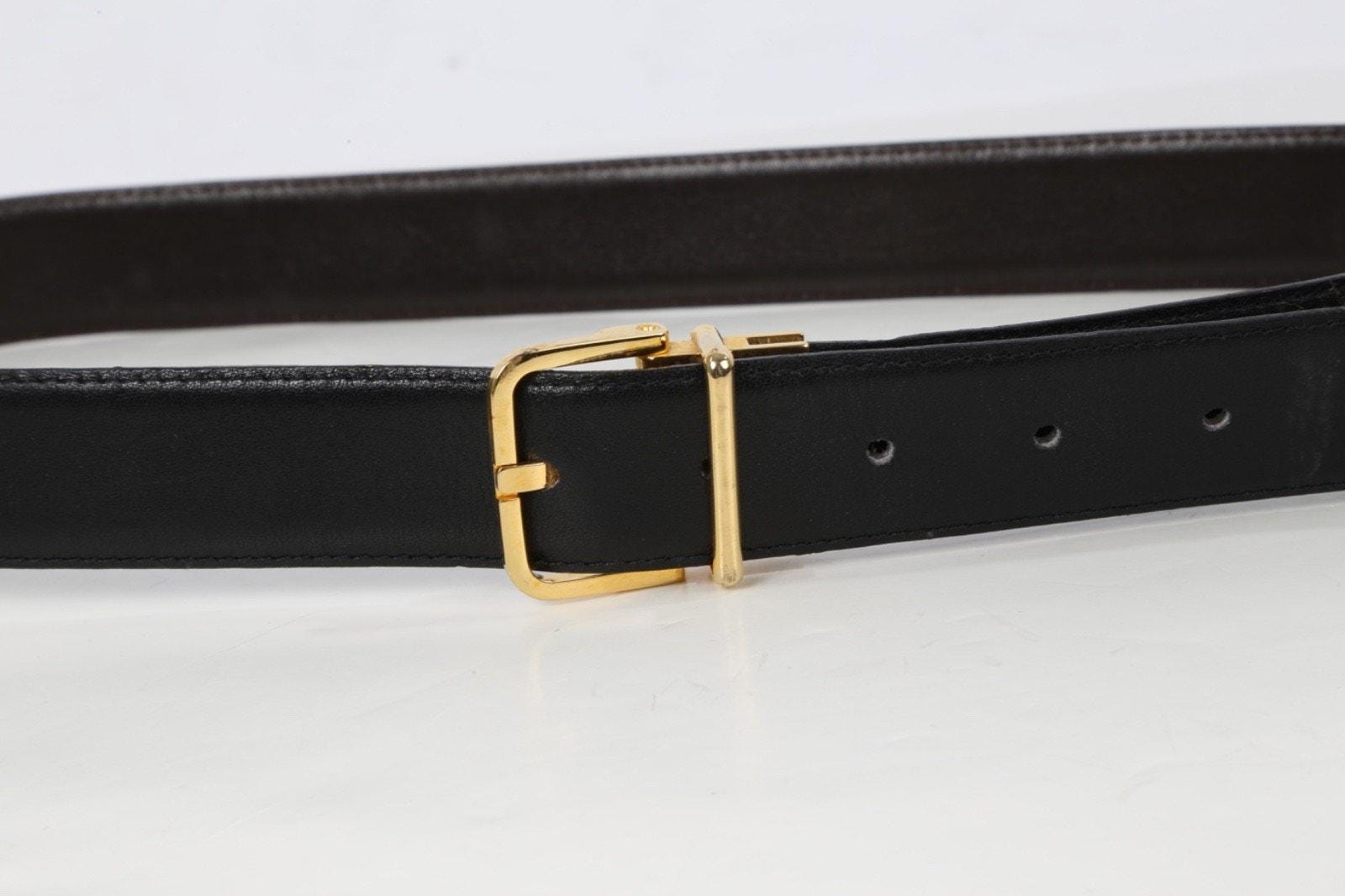 Vintage Mens Belt Reversible Black Brown Leather Gold Buckle 