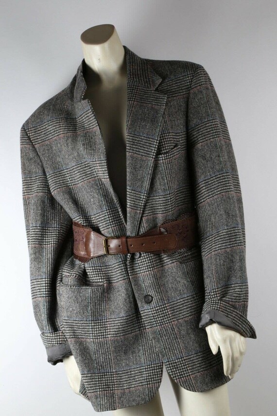 Vintage Gray Plaid Oversized Belted Blazer Jacket… - image 3