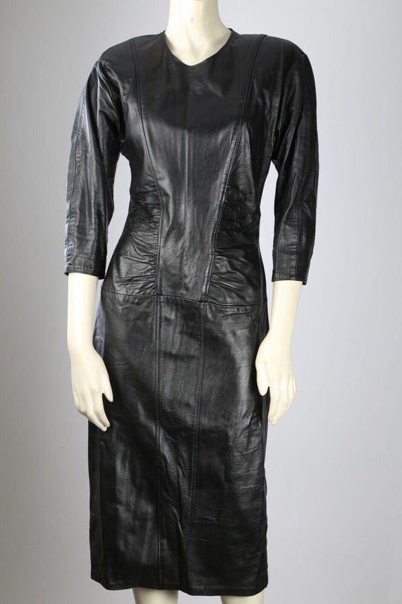 Vintage Black Leather Pink Oversized Detachable Bow 3/4 Sleeve Pencil Dress Sz S Vintage Black Leather Pink Oversized Detachable Bow 3/4 Sleeve Pencil Dress Sz S